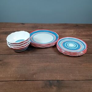 222 Fifth Ocean Stripes Melamine Salad Plates Bowls Set 8pc Red Blue